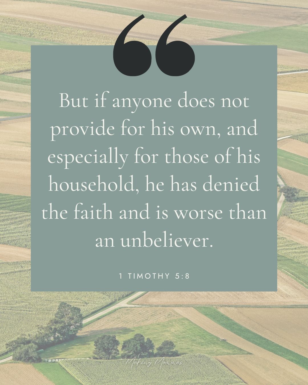 Image of quote that reads, "But if anyone does not provide for his own, and especially for those of his household, he has denied the faith and is worse than an unbeliever."