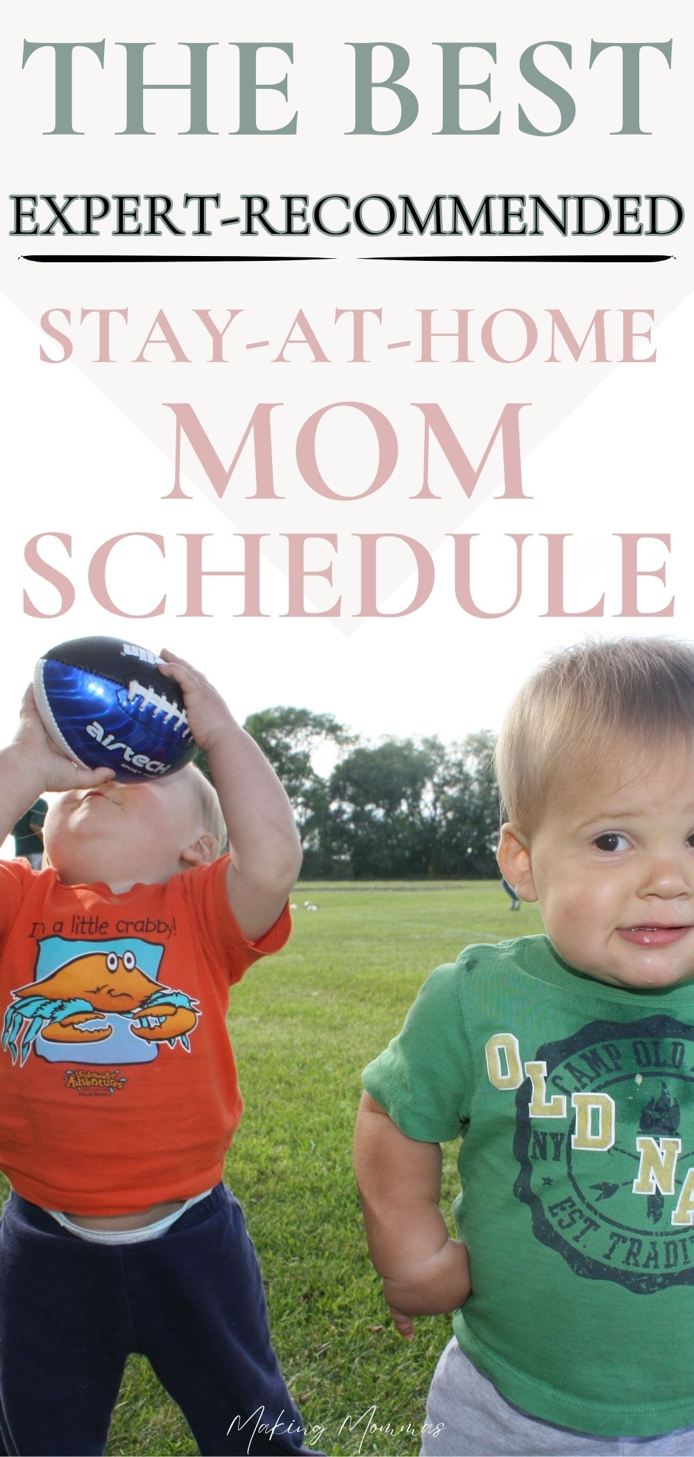 Pin image that reads, "The Best Expert Recommended Stay at Home Mom Schedule" with an image of two small boys 