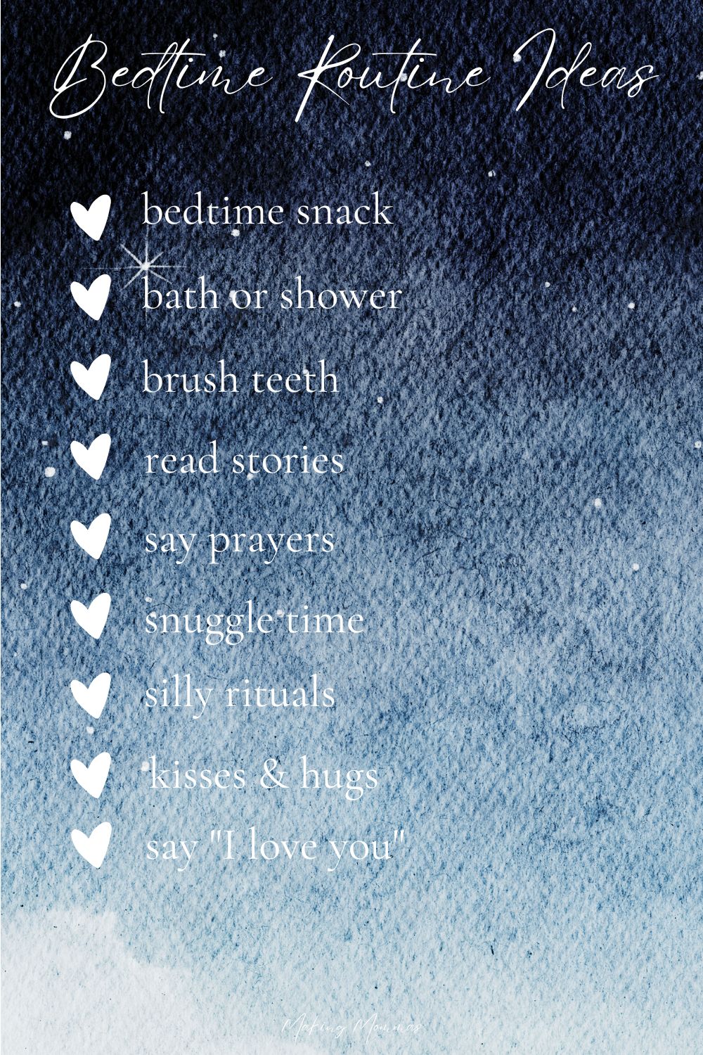 Pinterest Image that reads "bedtime rituals" with a list of rituals on a background of a night sky