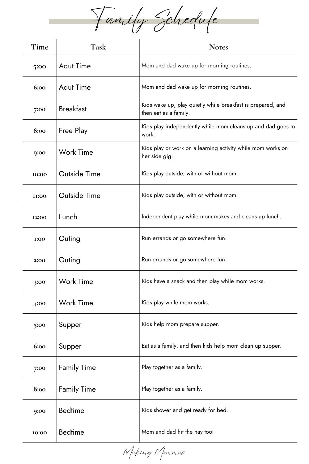 image of a sample family schedule