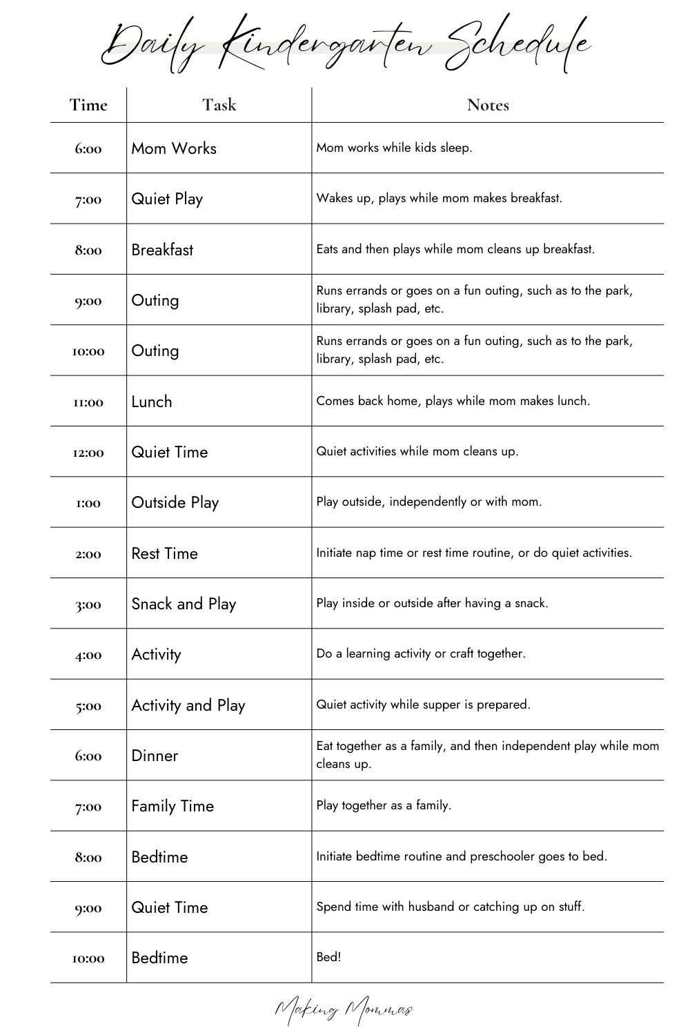 image of a daily kindergarten schedule