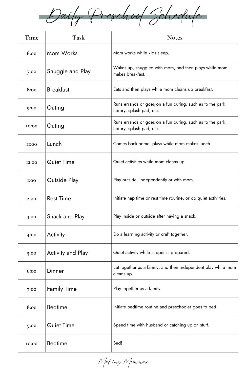 image of a sample daily preschool schedule