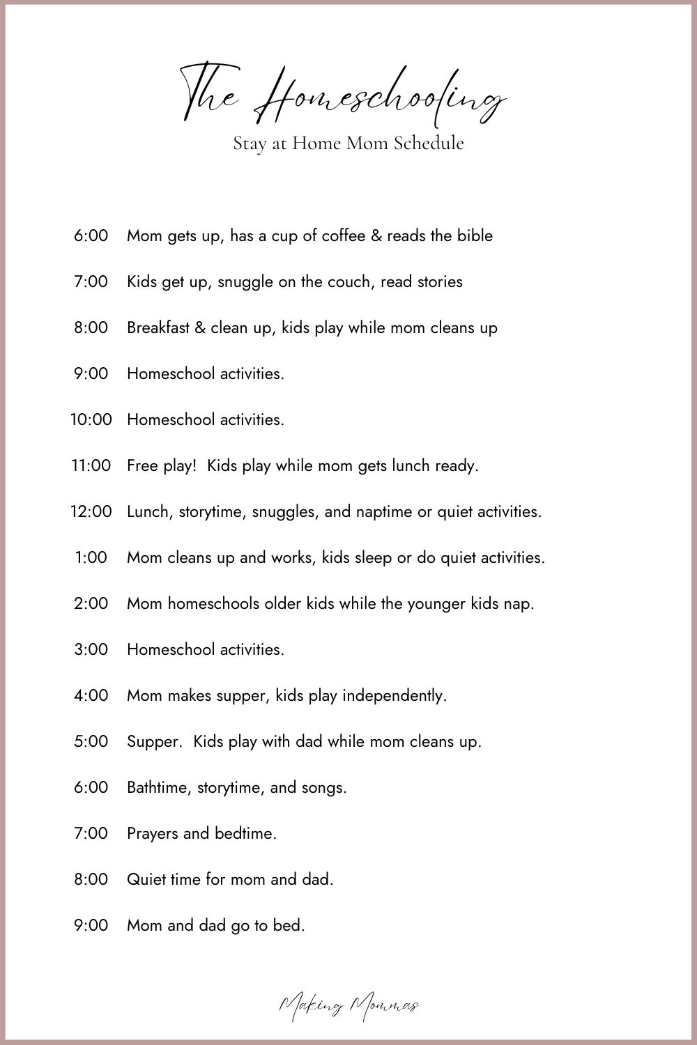 image of a stay at home mom schedule for homeschooling moms