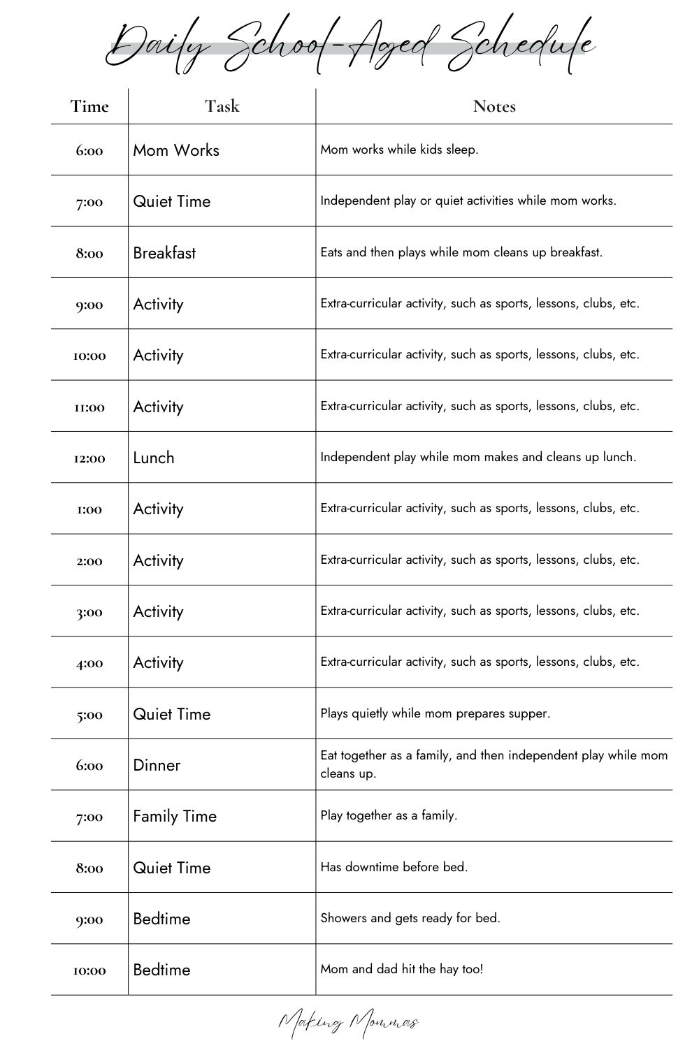 image of a sample schedule for a school aged child