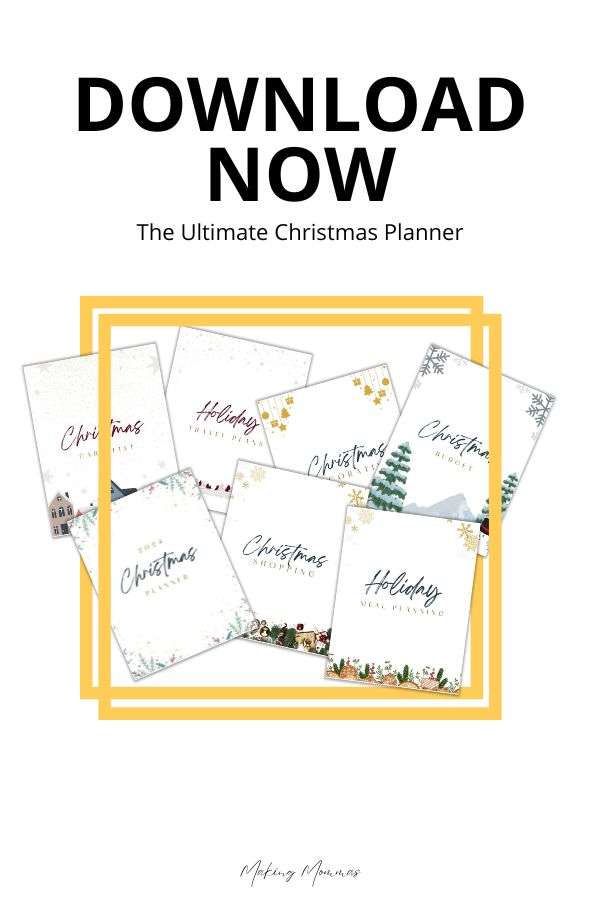 Promotional image for the Ultimate Christmas Planner, highlighting its features such as budgeting, meal planning, gift shopping, and holiday calendars. Encourages users to download the free planner for a stress-free Christmas.