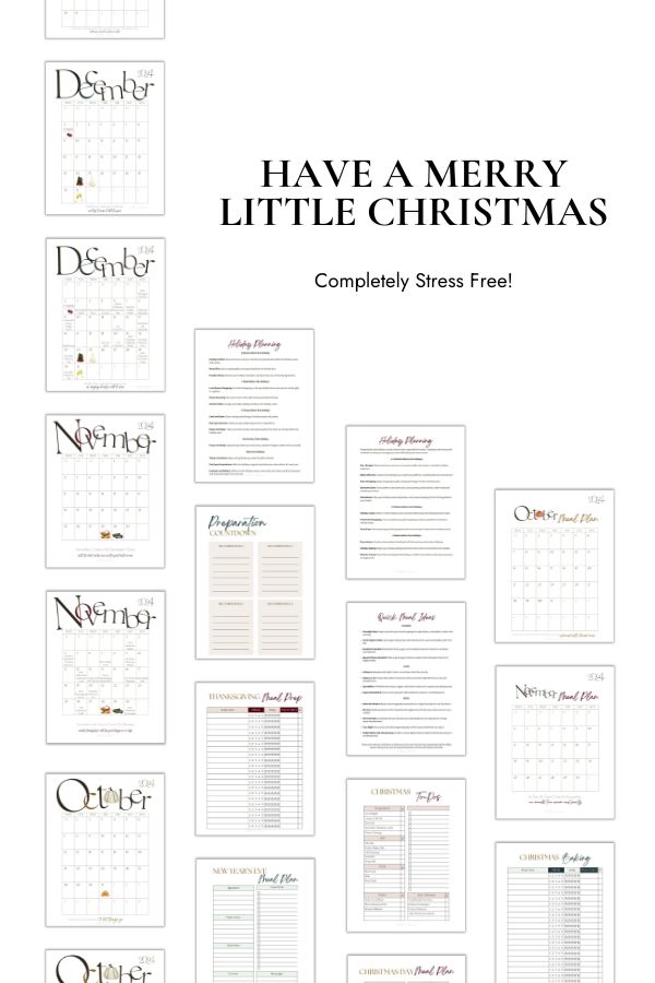 Collection of pages from the Christmas Planner with holiday planning calendars, to-do lists, and meal planning guides, emphasizing how the planner simplifies holiday organization.