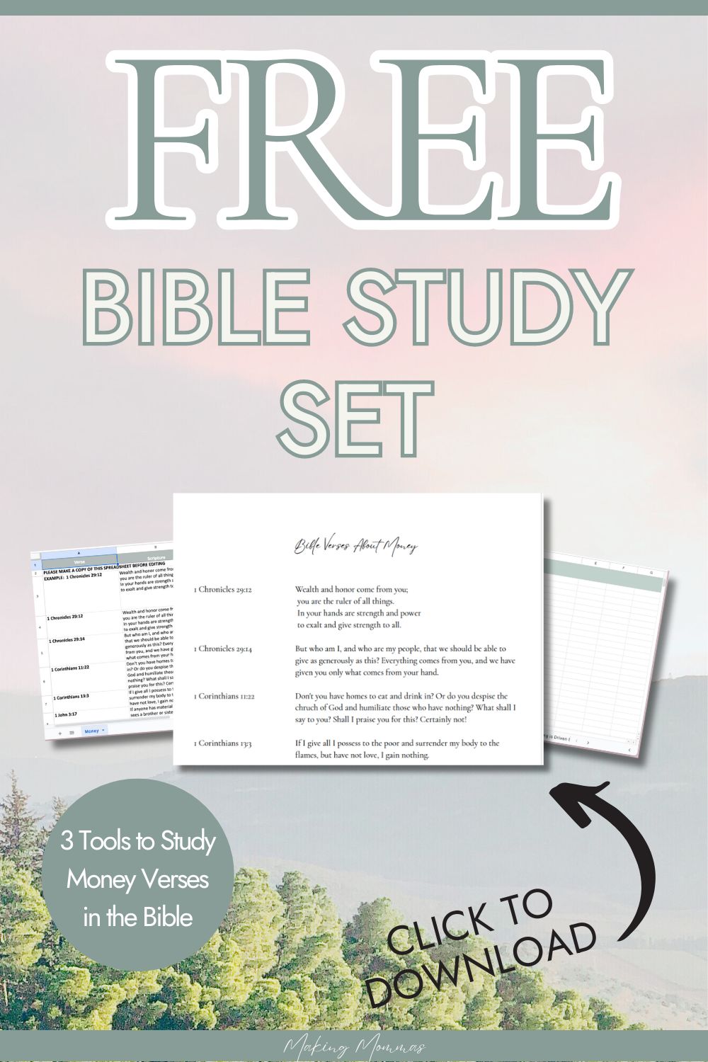 pin image of free bible study set with a photo of a sky and trees