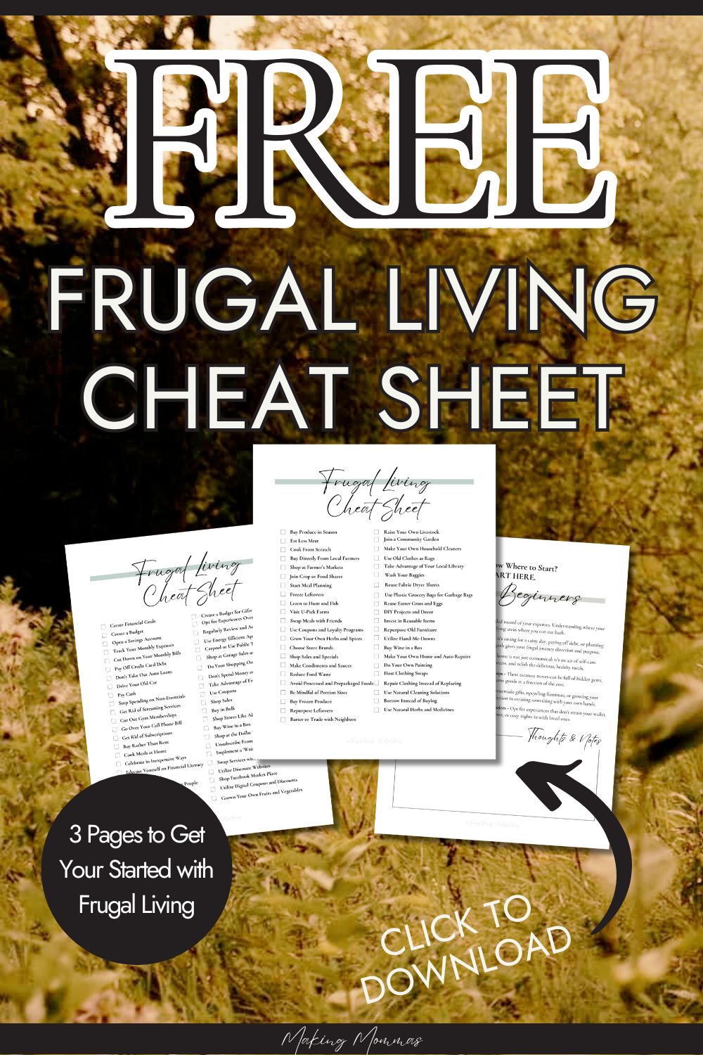 Pinterest image that reads, "free frugal living cheat sheet" with an image of the cheat sheet on a background of fall trees.