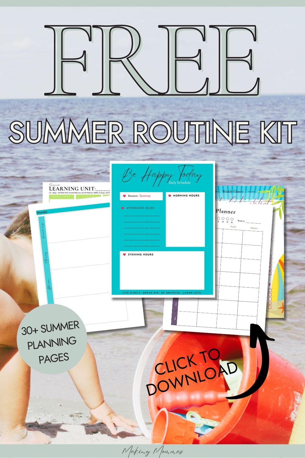 pin image that reads, "free summer routine kit" with a background image of water and a beach and a child playing on it with a red sand pail