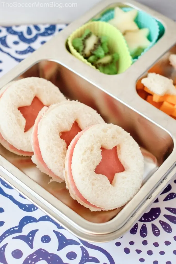 image of mini ham star sandwiches in a bento box