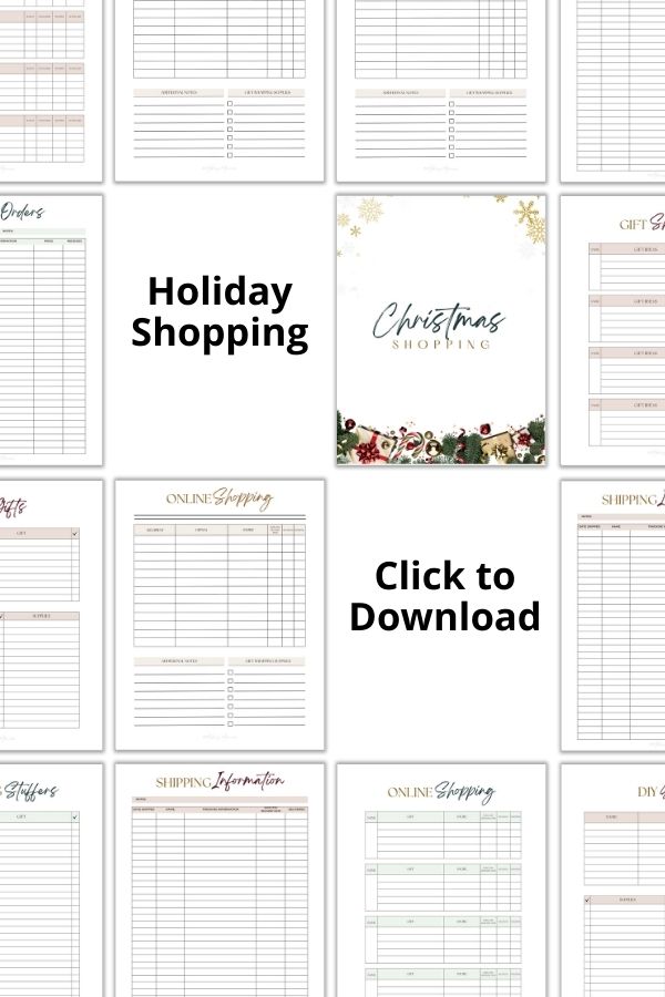 Preview of the Holiday Shopping section from the Christmas Planner, featuring printable pages for gift lists, online shopping trackers, and shipping information. Ideal for managing holiday shopping with ease.