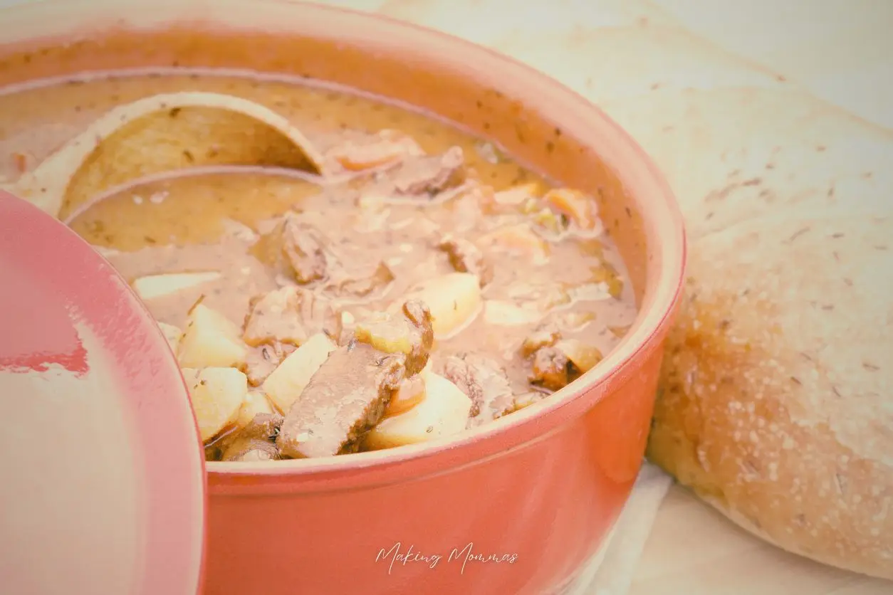 image of a pot of stew in a red bowl with a crusty loaf of bread