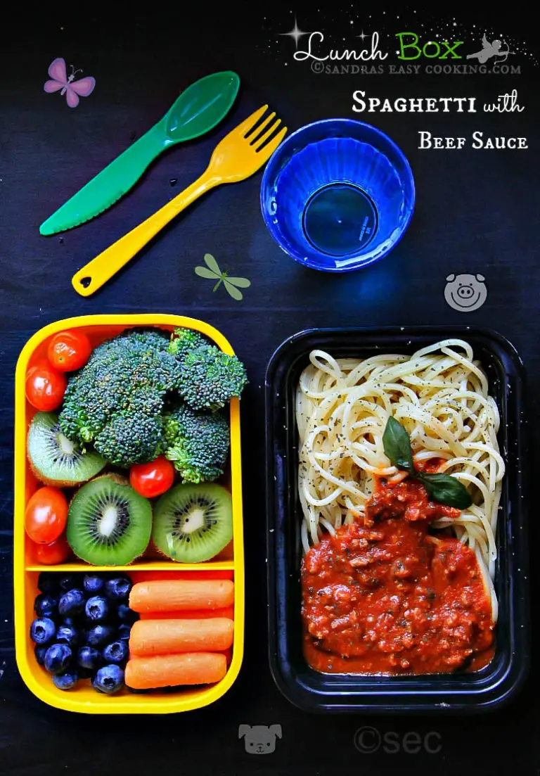 image of spaghetti with a side of fruits and veggies