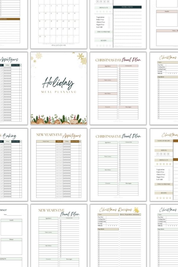 Preview of the Holiday Meal Planning section from the Christmas Planner, including meal planners, recipe pages, and shopping lists. Perfect for organizing Christmas dinners and holiday feasts.