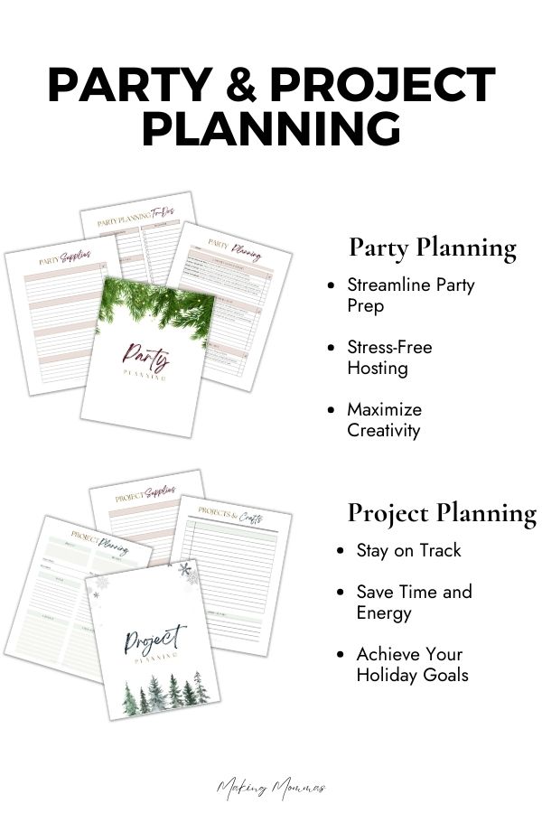 Preview of the Party and Project Planning sections from the Christmas Planner, showcasing tools to streamline party prep and organize holiday projects with ease.