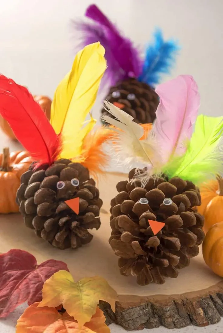 image of pinecones with turkey feathers and googley eyes glued on them