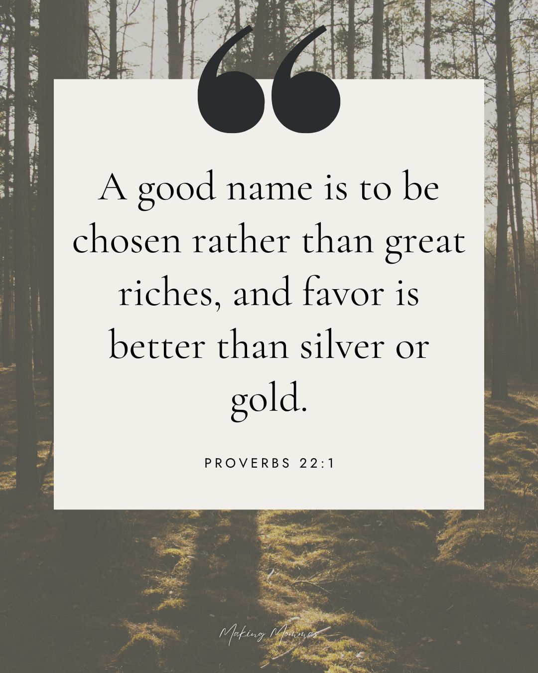 Quote that reads, "A good name is to be chosen rather than great riches, and favor is better than silver or gold. Proverbs 22:1" with an image of a forest.