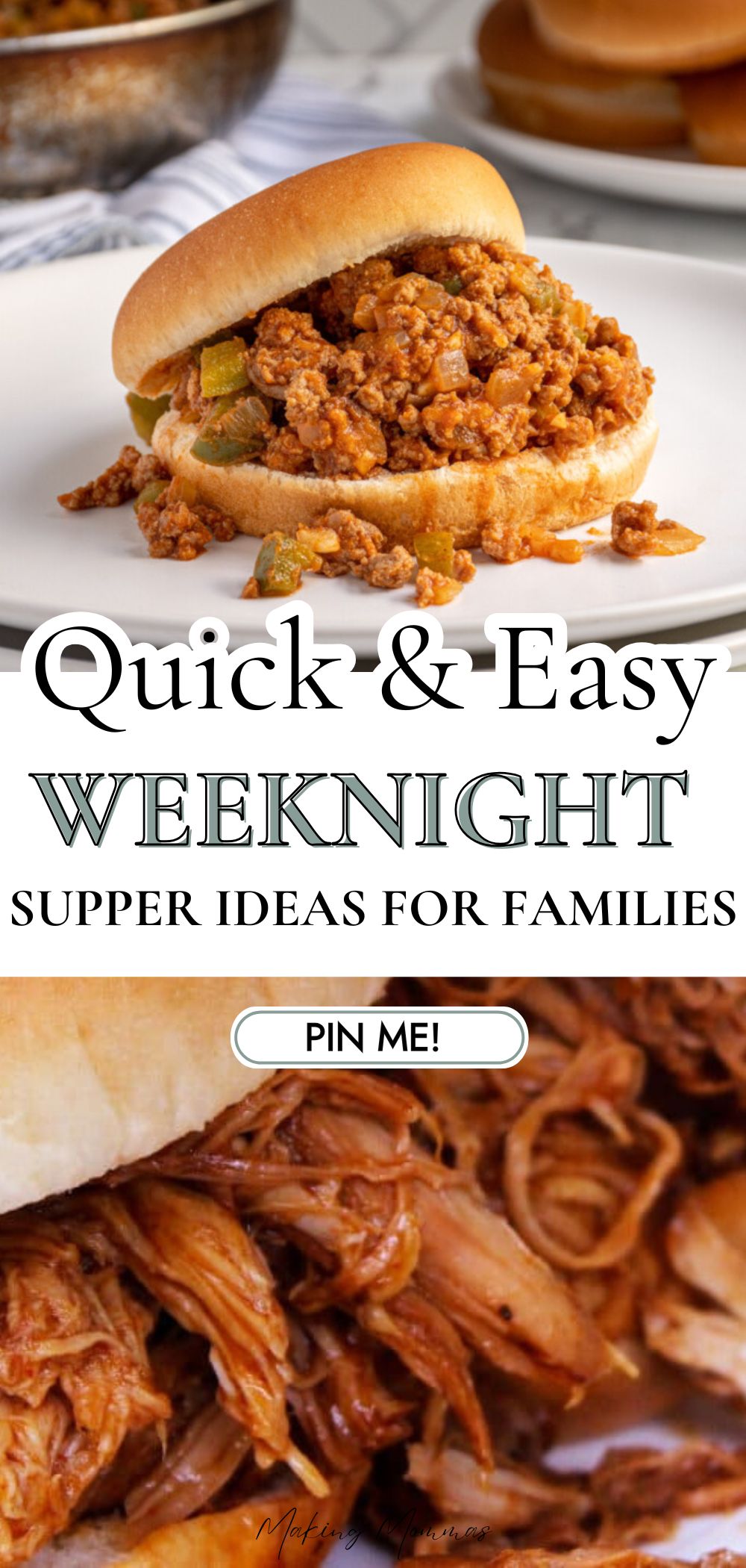 A close-up of sloppy joes and pulled BBQ chicken sandwiches, showcasing quick and easy weeknight dinner ideas for busy moms and families.