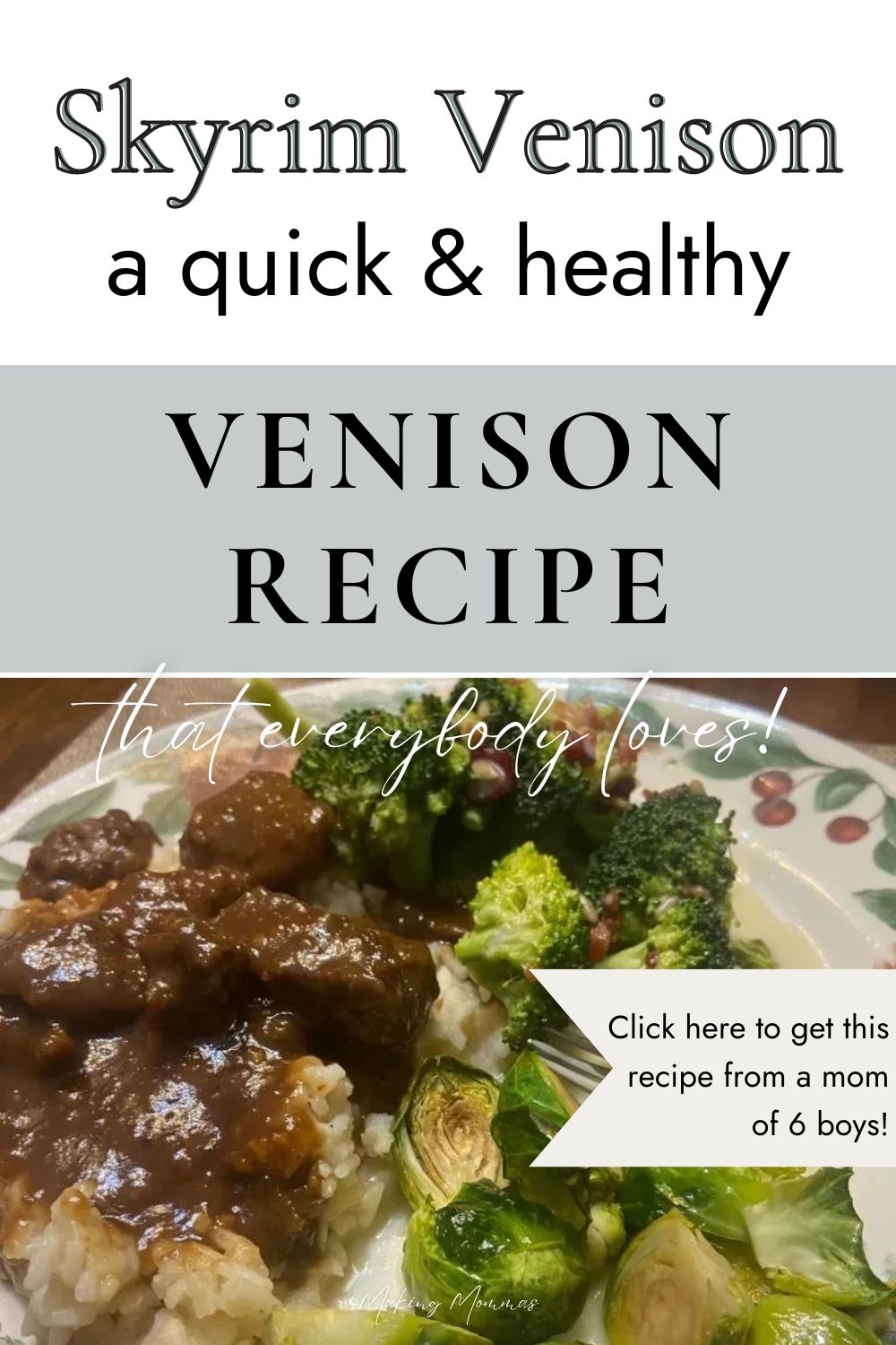 Pin image that reads, "Skyrim Venison: A quick and healthy venison recipe that everybody loves - click here to get this recipe from a mom of 6 boys!" with an image of skyrim venison on rice and a side of broccoli salad and brussel sprouts.