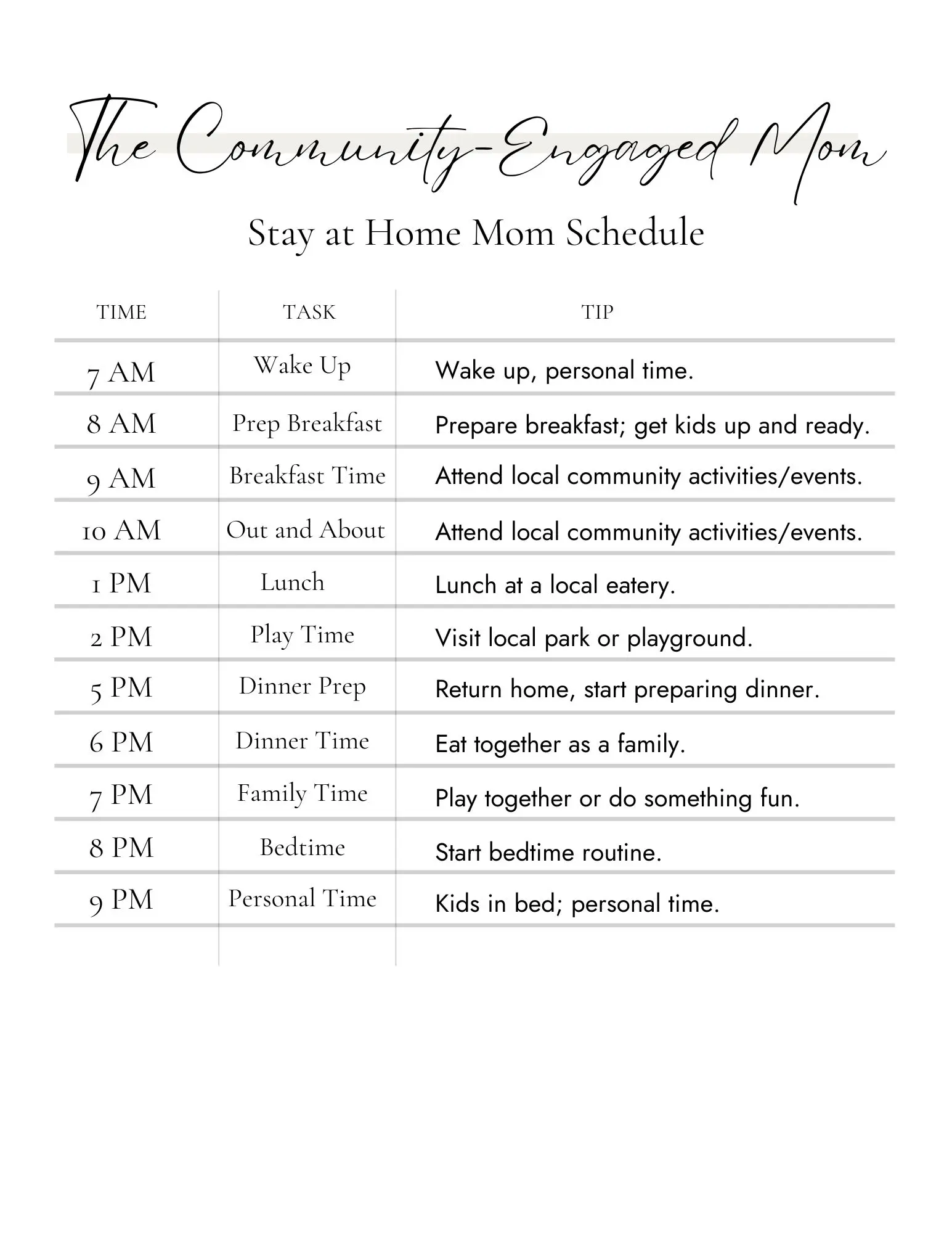 image of a stay at home mom schedule for a community engaged mom