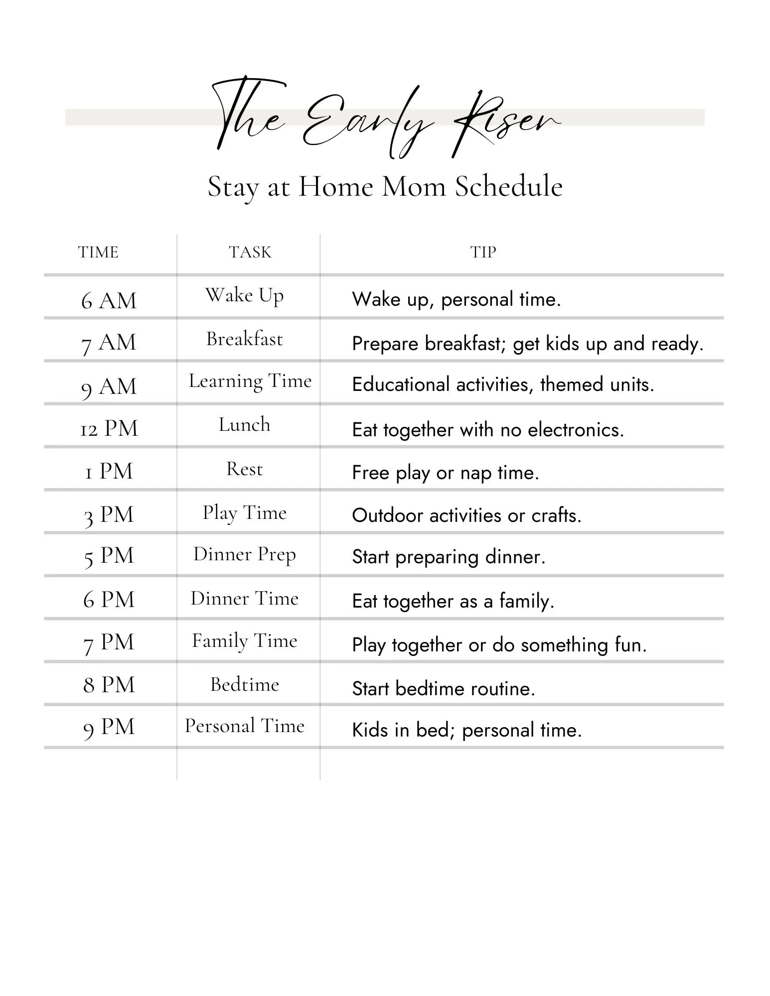 image of a stay at home mom schedule for an early riser