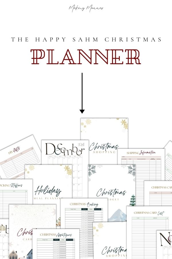 The Happy SAHM Christmas Planner showcasing a collection of printable pages, including holiday meal planning, gift shopping, budget tracking, Christmas card lists, and calendars. Designed to help moms organize and enjoy a stress-free holiday season.