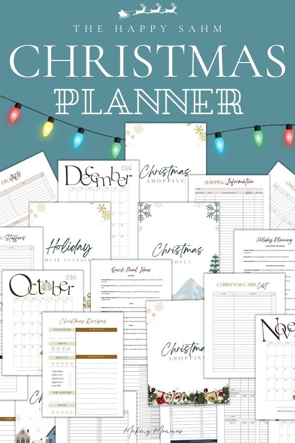 The Happy SAHM Christmas Planner cover showcasing a collection of beautifully designed printable pages, including holiday meal planners, Christmas budgets, gift shopping organizers, calendars, Christmas card lists, recipes, and more. Perfect for helping moms stay organized and enjoy a stress-free holiday season.