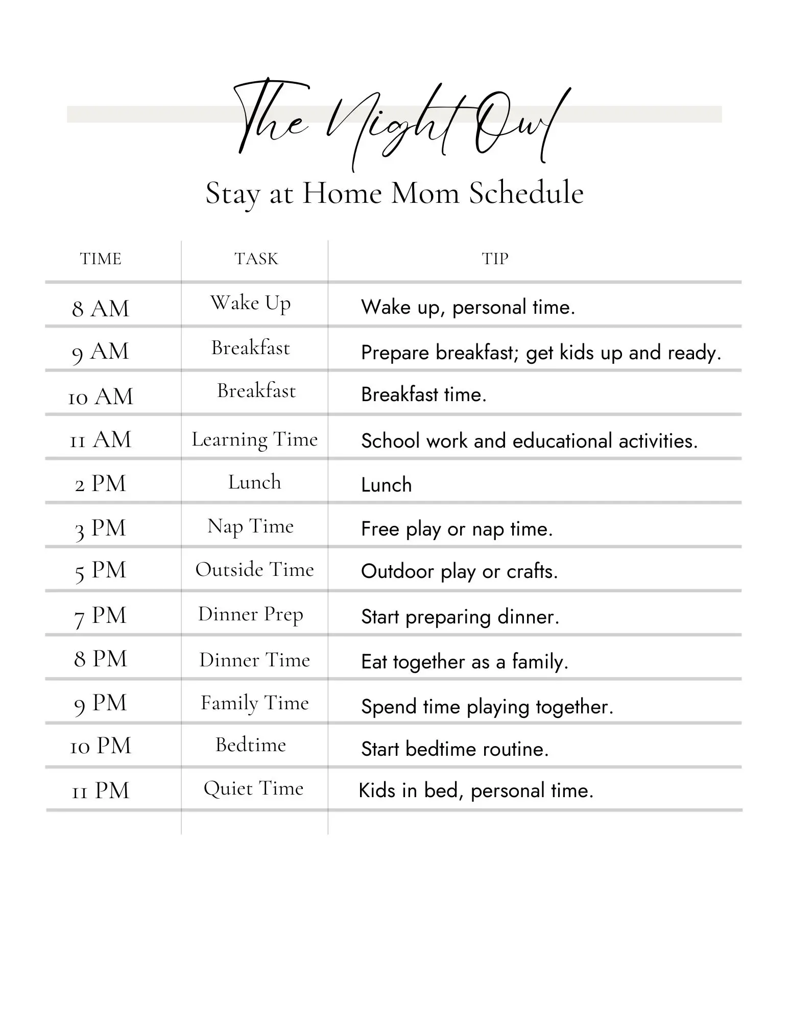 image of a stay at home mom schedule for a night owl