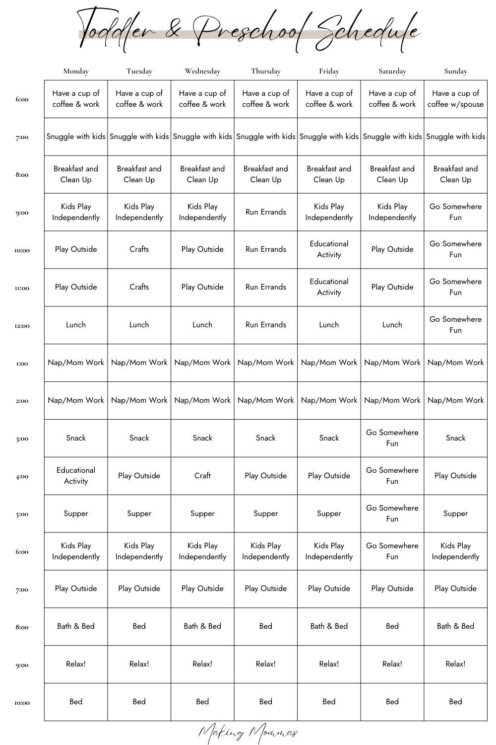 image of a toddler and preschool weekly summer schedule