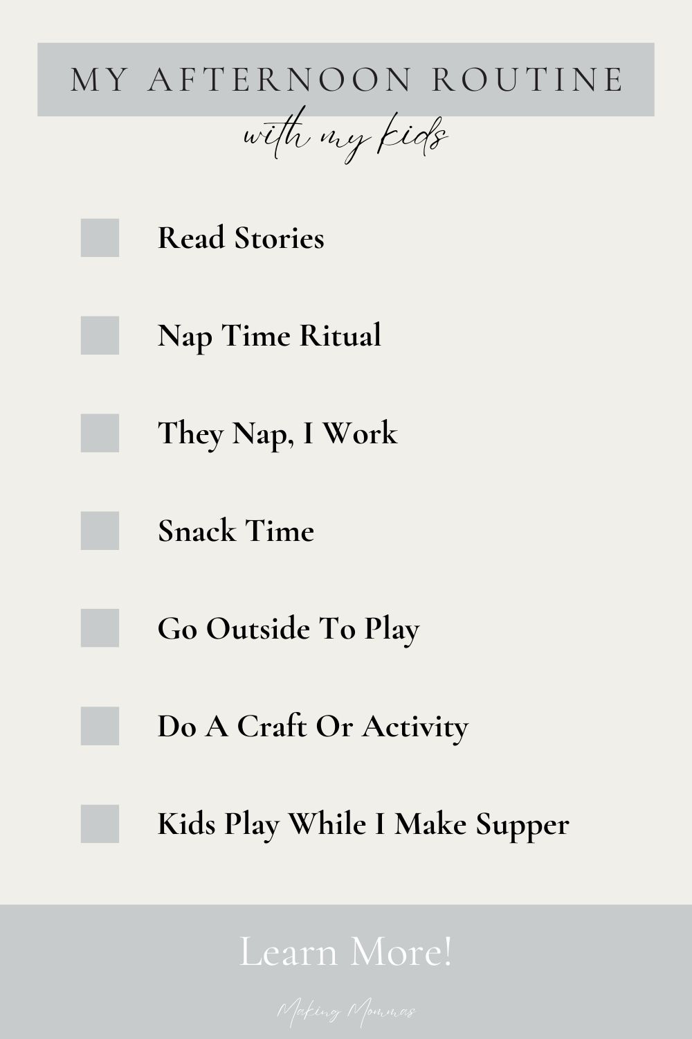 an infographic reading, "My Afternoon Routine - With My Kids".