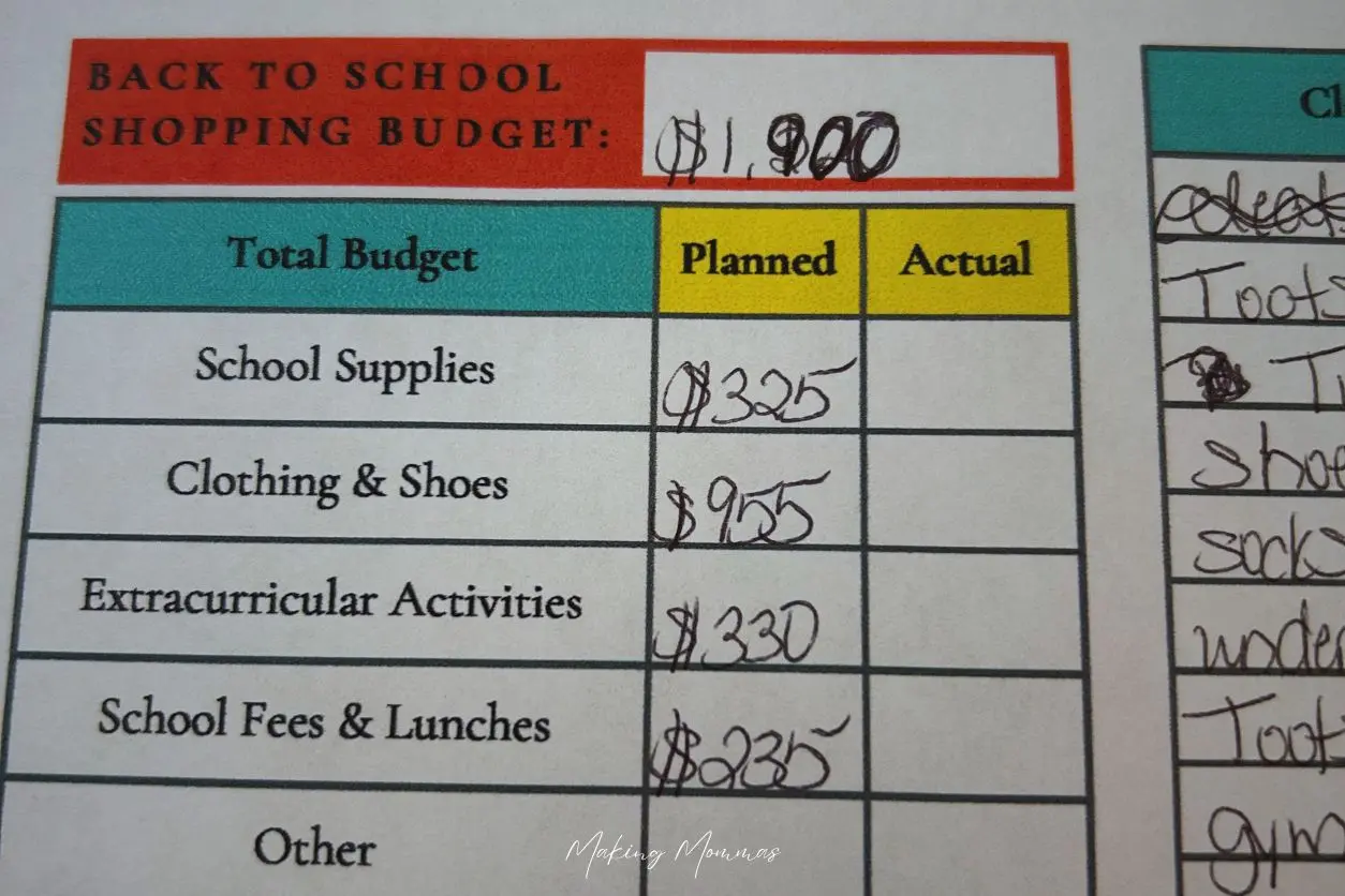 image of back to school shopping budget categories in the back to school budget template