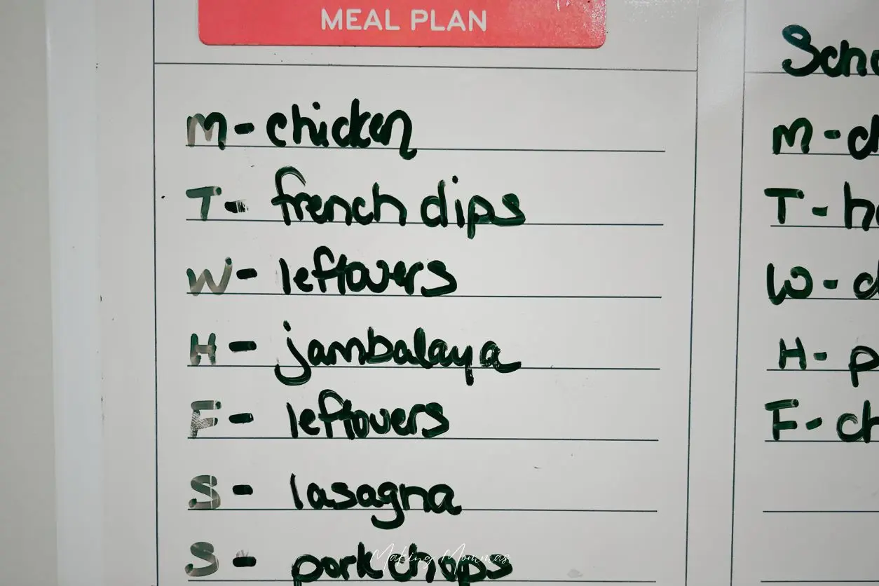 image of a white board with a meal plan listed on it