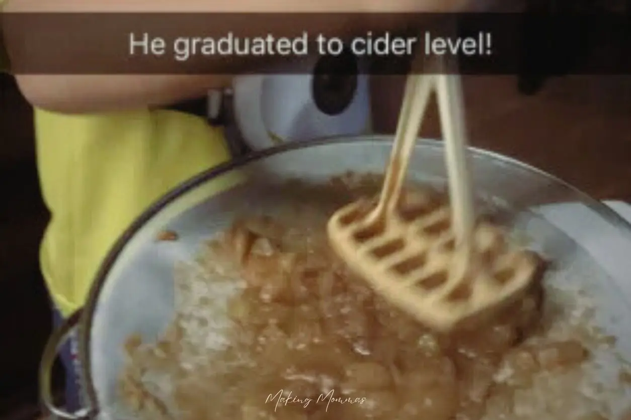 image of a little boy mashing apples through a strainer, with text that reads, "He graduated to cider level!"