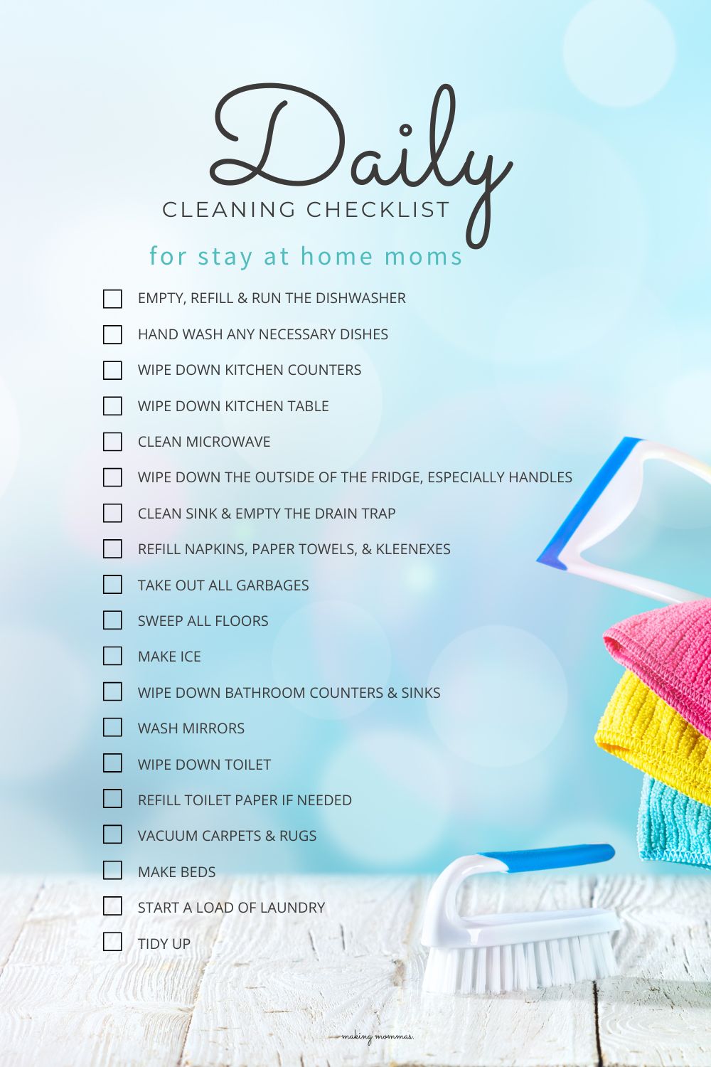 pin image of daily cleaning checklist for stay at home moms