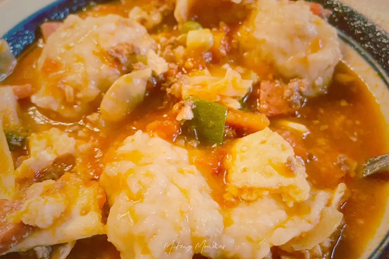 An image of a vegetable beef soup with dumplings in a bowl.