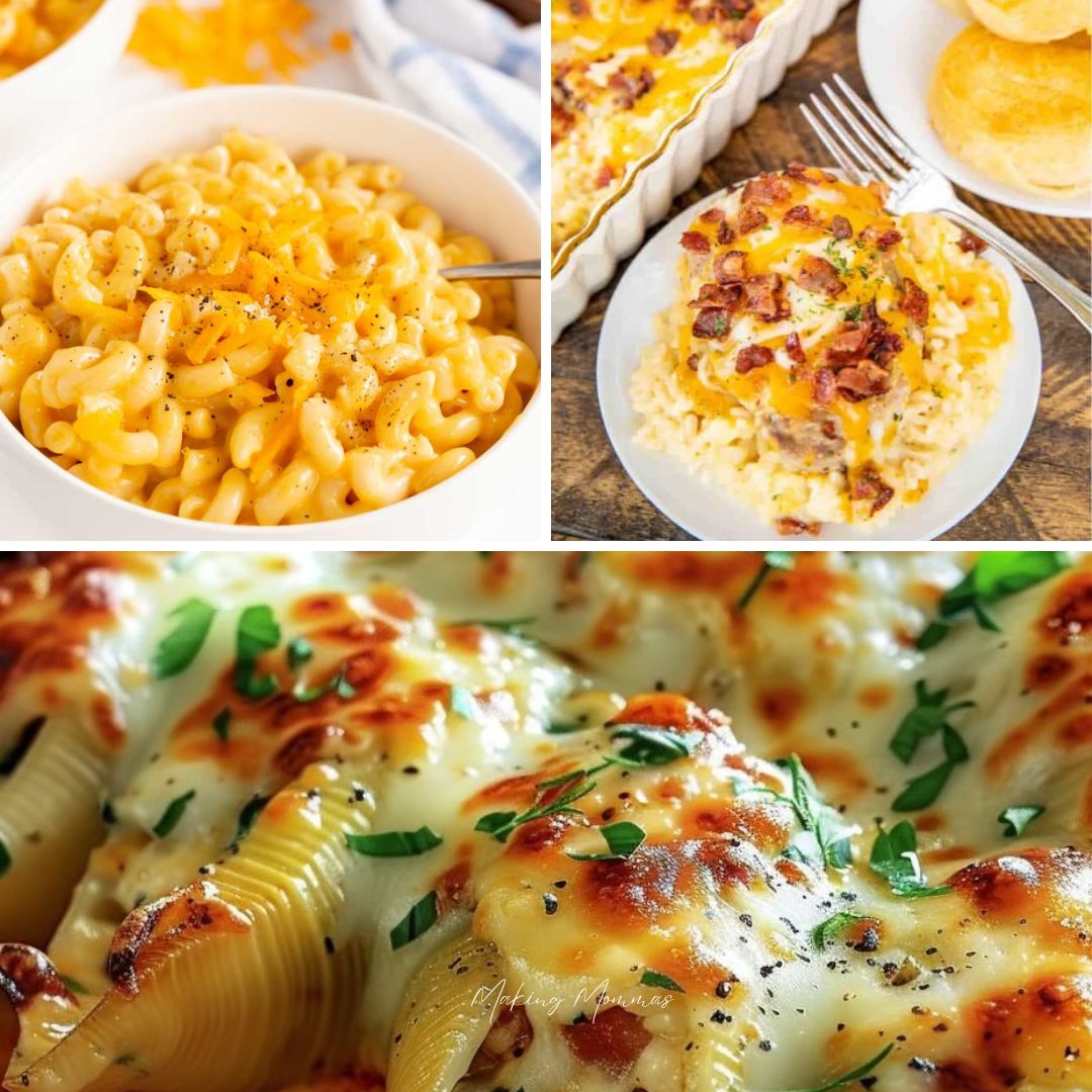 A collage of delicious family-friendly meals, including creamy mac and cheese in a white bowl, a cheesy casserole topped with bacon served with biscuits, and stuffed pasta shells baked with melted cheese and herbs, showcasing easy weeknight supper ideas for busy families.