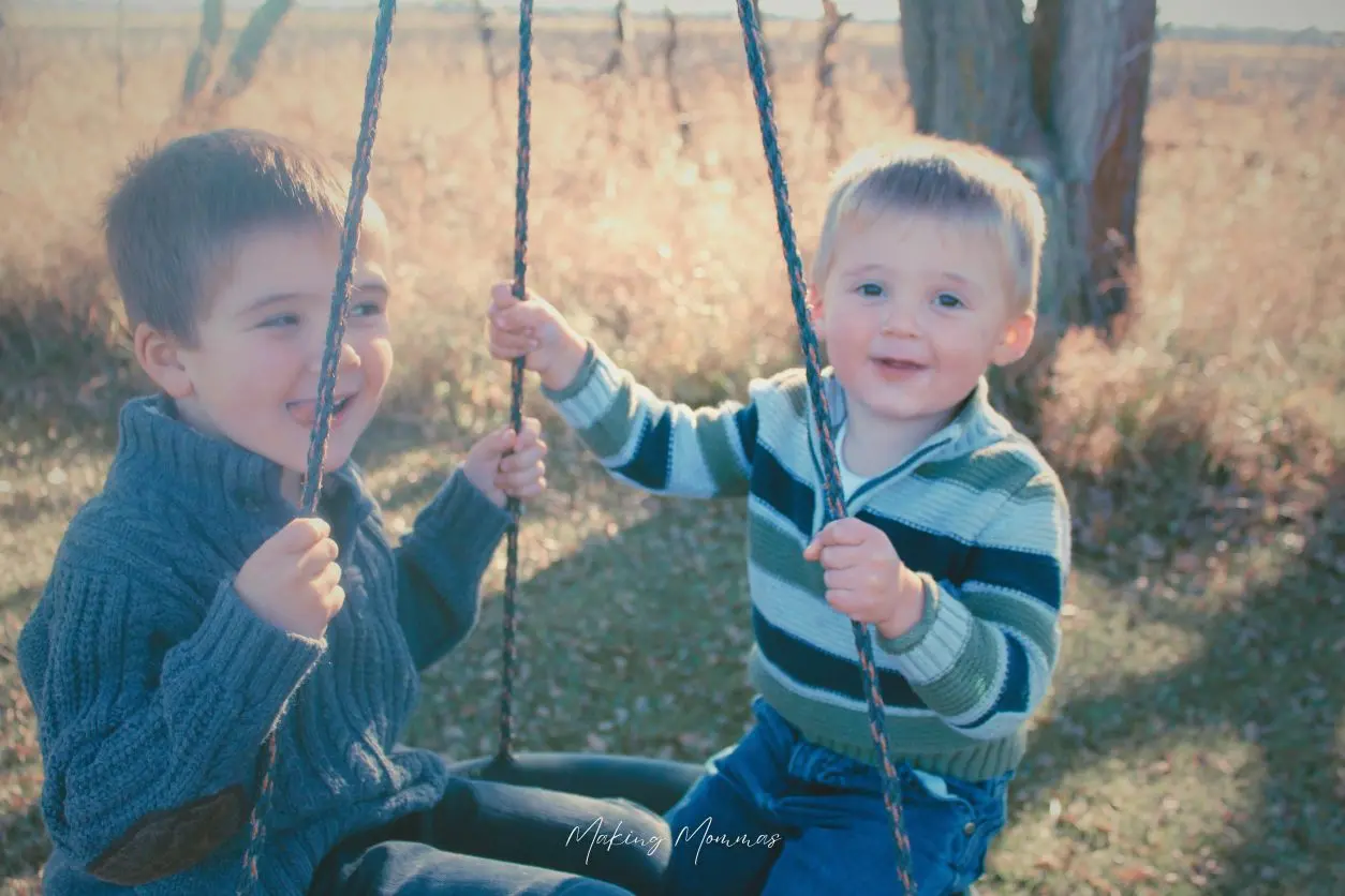 image of two boys swinging on a tire swing