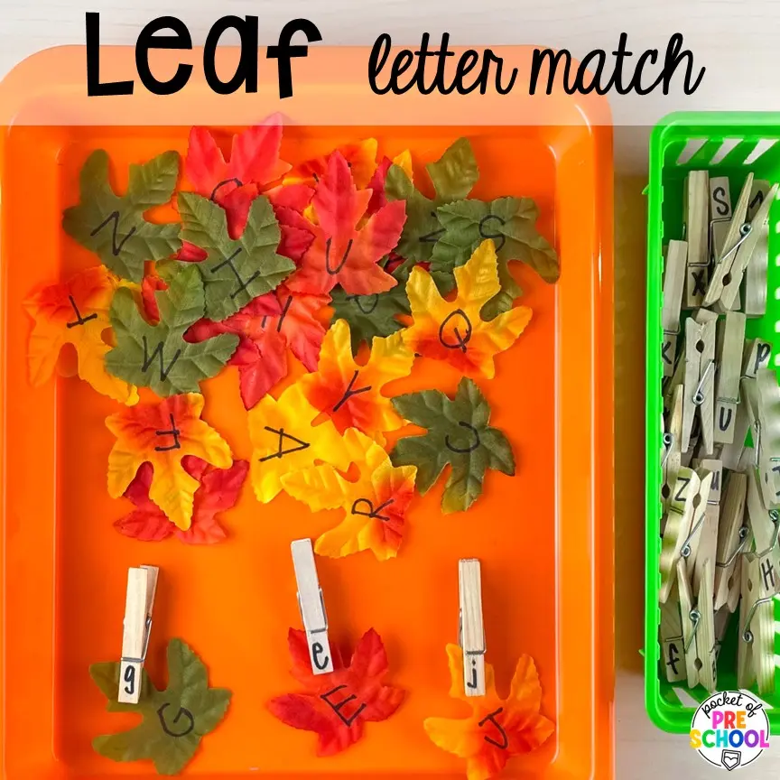 image of fake leaves in a tote with letters on them and clothespins next to them