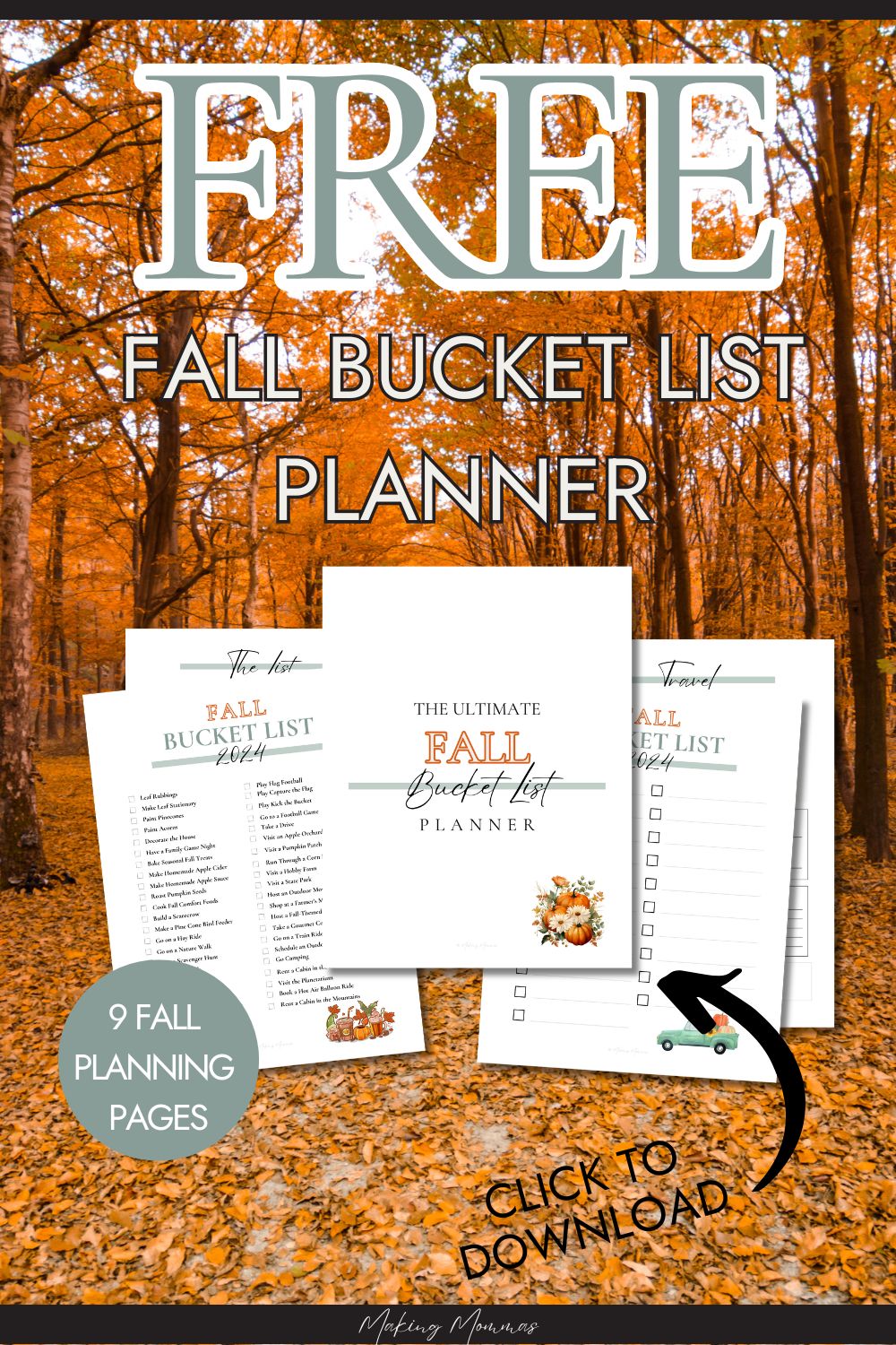 Pin image reading, "Free Fall Bucket List Planner." with an image of fall trees and leaves.