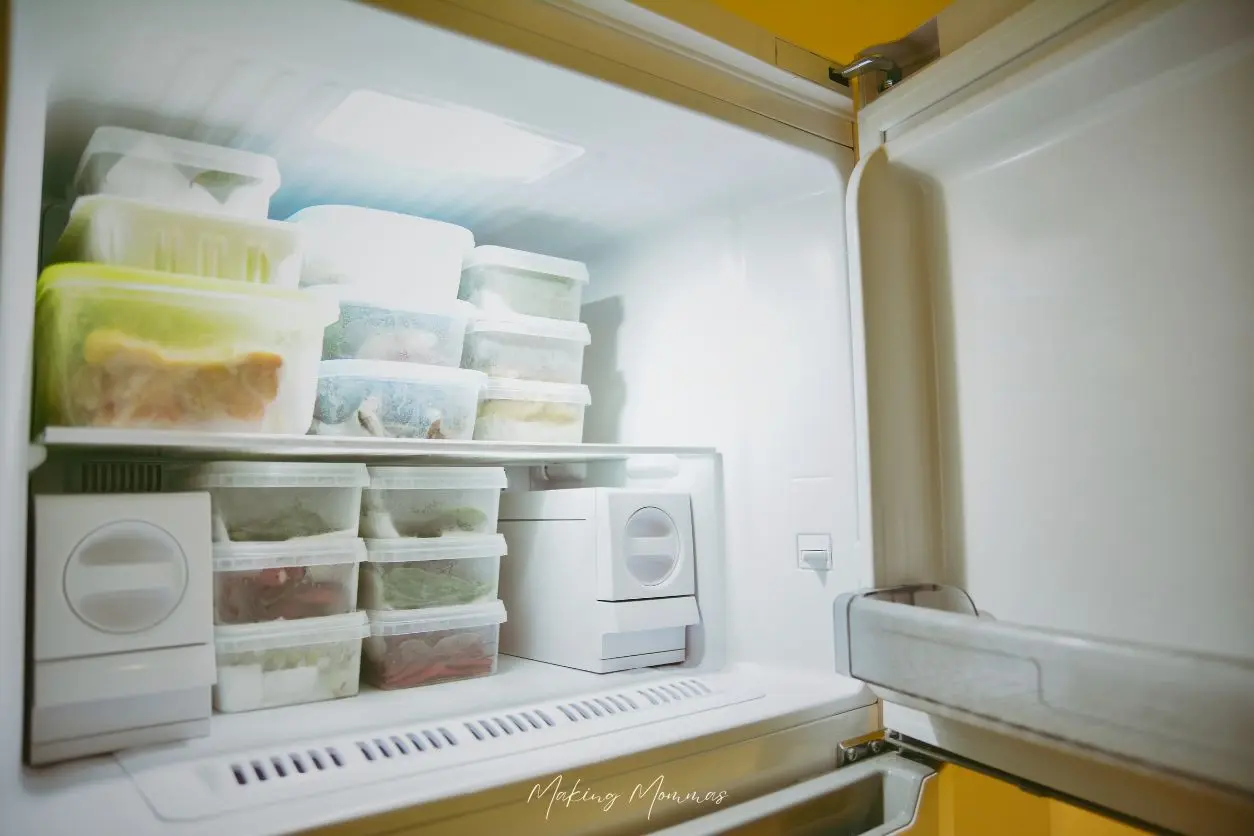 Image of frozen meals in a freezer.