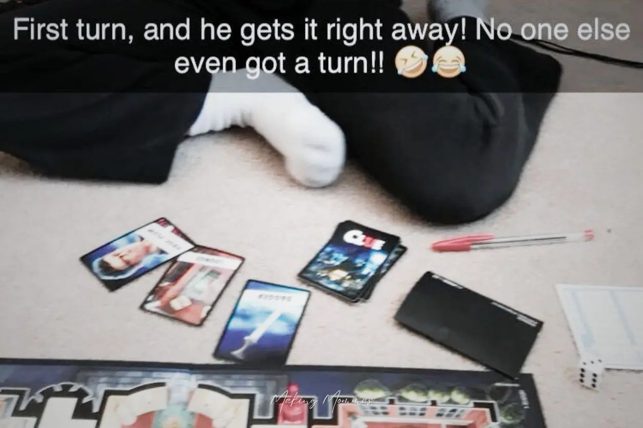 An image of a child playing clue, and it reads, "First turn, and he gets it right away! No one else even got a turn!"
