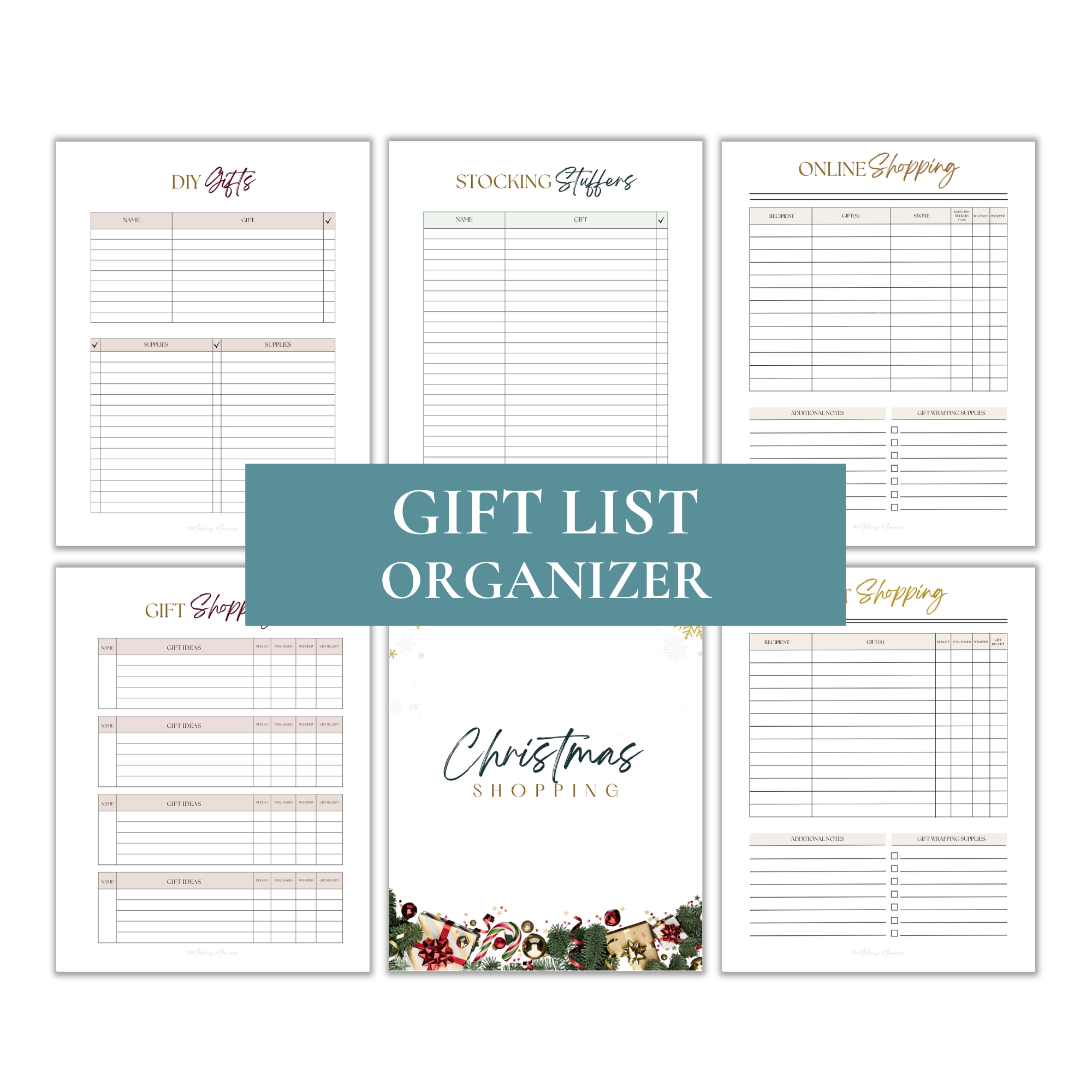 Preview of the Gift List Organizer from the Christmas Planner, featuring printable pages for DIY gifts, stocking stuffers, online shopping, and gift shopping lists. Perfect for staying on top of holiday gift planning and tracking.