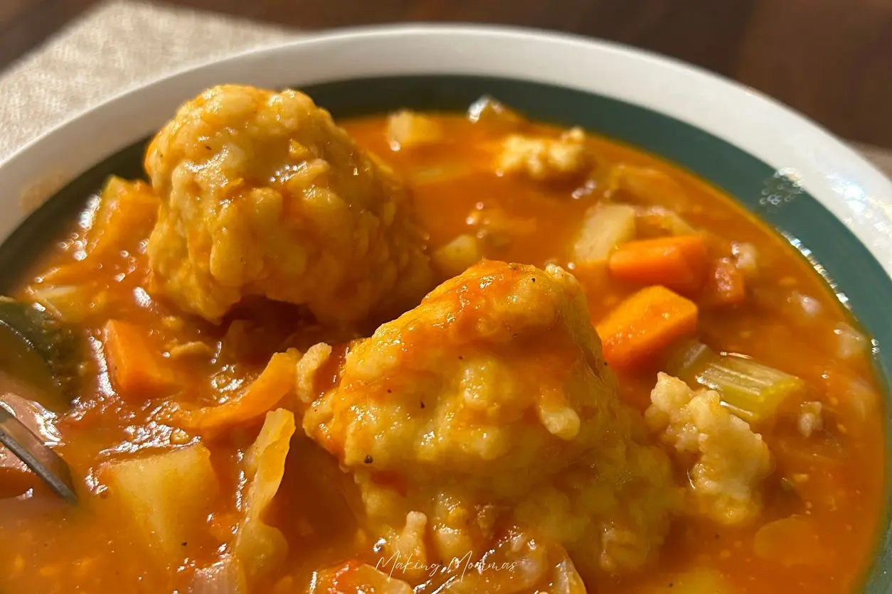 An image of healthy hamburger vegetable soup with carrots, celery, potatoes, peppers, and zucchini, and dumplings, in a bowl.