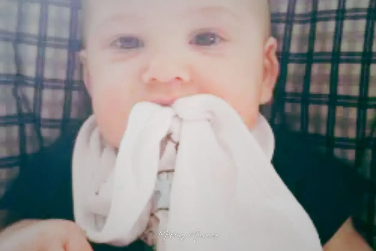 image of a baby eating his bib