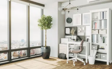 image of a home office overlooking the city