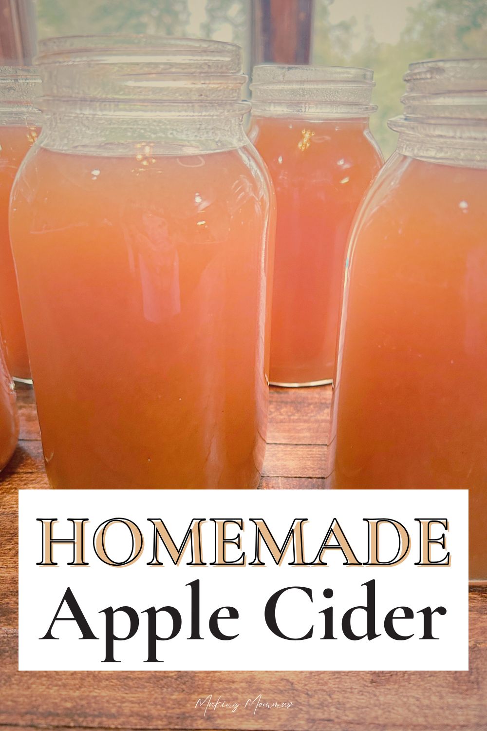 Several jars of freshly canned homemade apple cider glowing in natural light, perfect for fall drinks or holiday recipes.