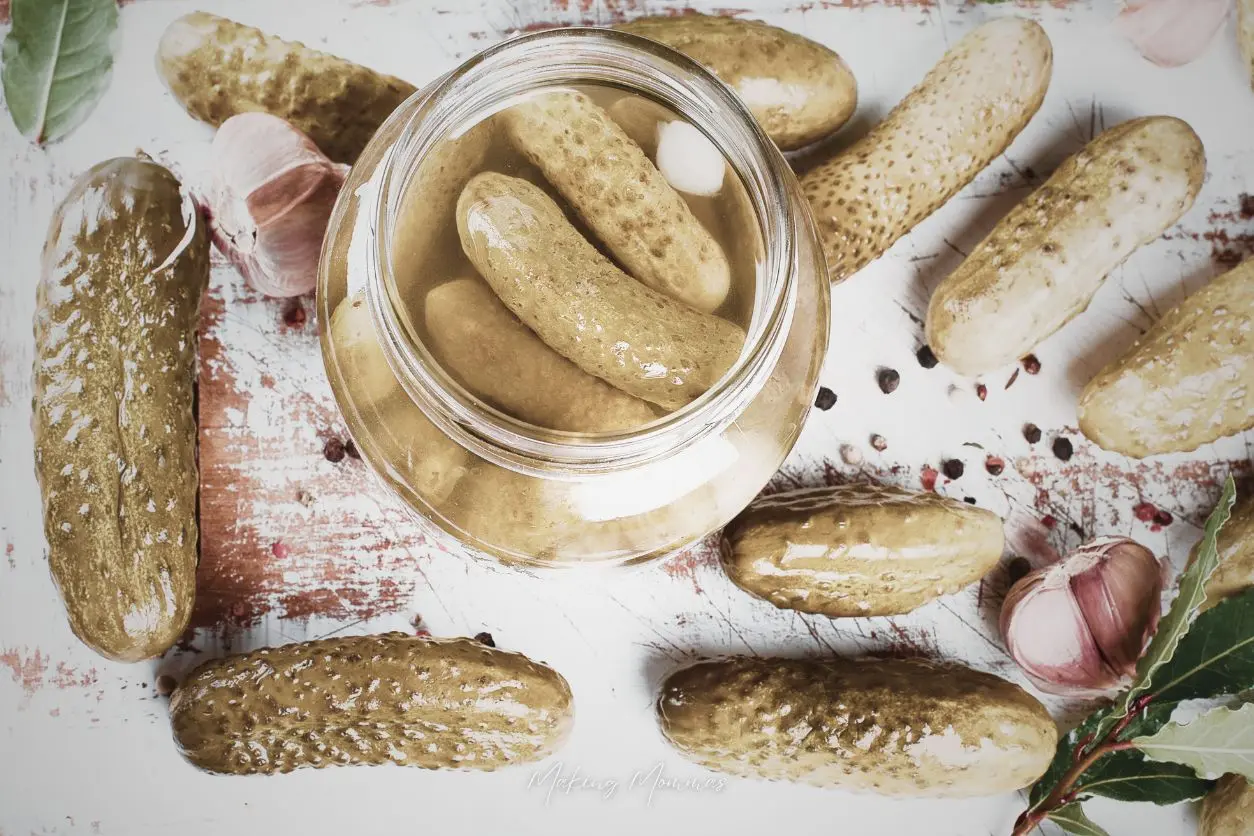 an image of cucumbers with fresh herbs, fresh garlic cloves, and a jar of pickles