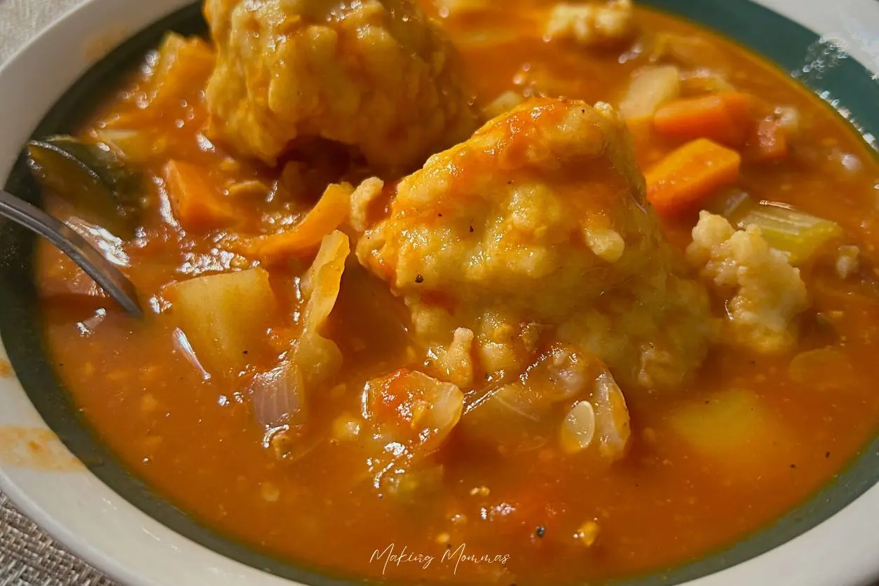 An image of hamburger veggie soup in a bowl with dumplings.