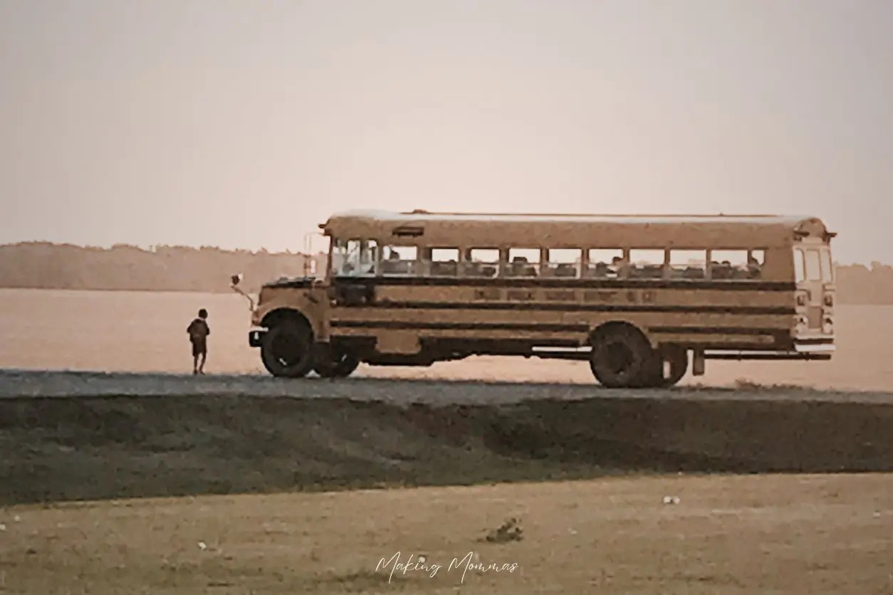 image of a little boy getting on a school bus out in the country