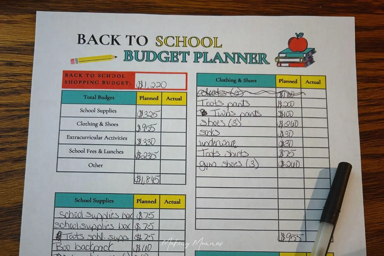 image of a back to school budget planner